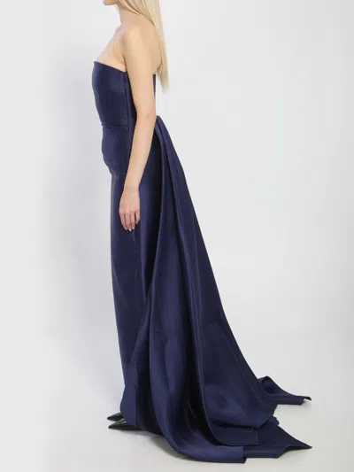 Solace London Imani Strapless Pleated Twill Gown In Blue