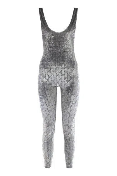 Gucci Women Stretch Chenille Jumpsuit With All-over Crystals In Gray