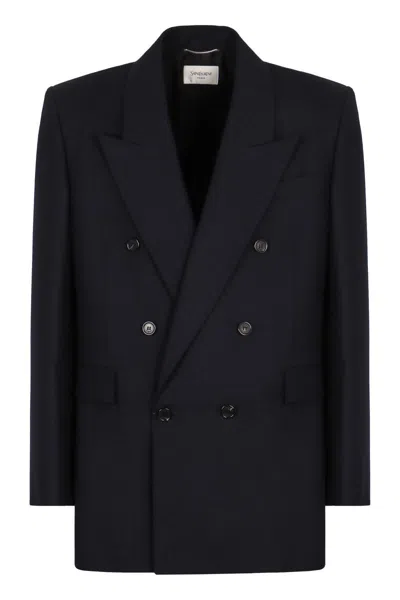 Saint Laurent Double-breasted Jacket In Wool In Blue