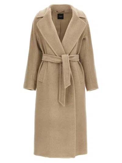 Weekend Max Mara Long Coat With Belted Waist And Pockets In Brown