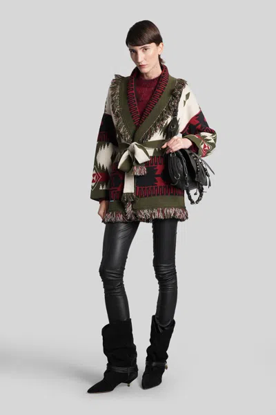 Alanui Waist Belt Fringe Geometric Pattern Long Sleeves Cardigan In Black