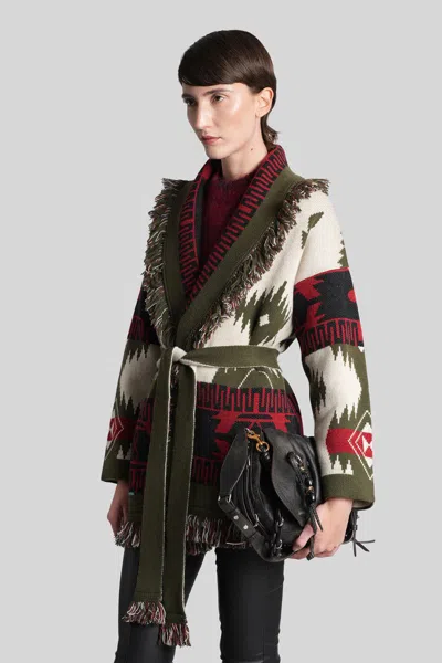 Alanui Waist Belt Fringe Geometric Pattern Long Sleeves Cardigan In Black