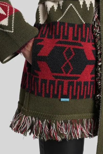 Alanui Waist Belt Fringe Geometric Pattern Long Sleeves Cardigan In Black