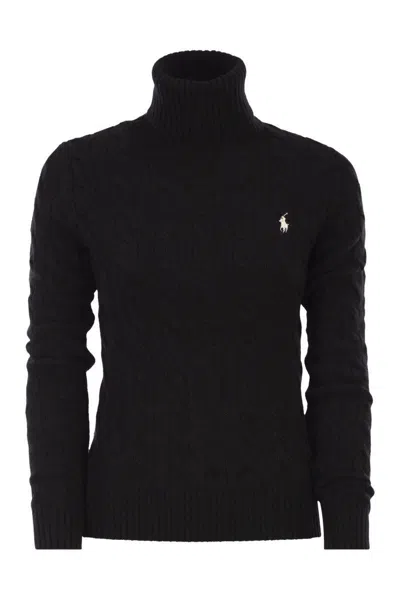 Polo Ralph Lauren Wool And Cashmere Cable-knit Turtleneck Sweater In Black