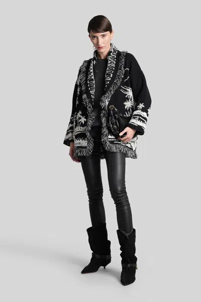 Alanui Black Cardigan With Tropical Pattern And Fringes In Multi