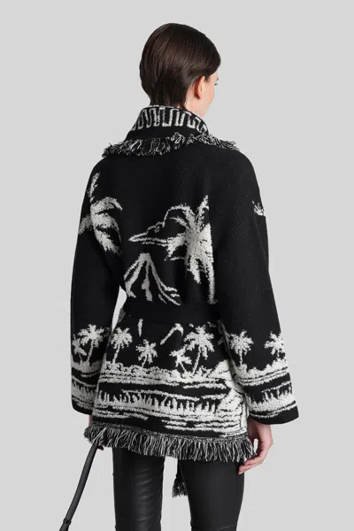 Alanui Black Cardigan With Tropical Pattern And Fringes In Multi