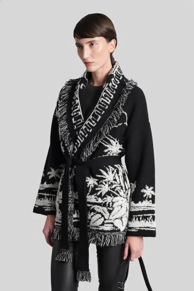 Alanui Black Cardigan With Tropical Pattern And Fringes In Multi
