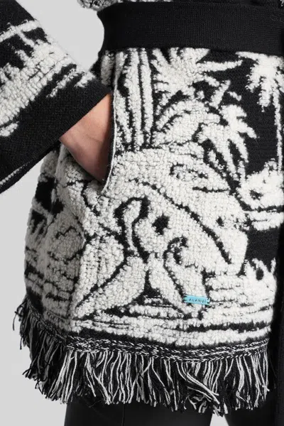 Alanui Black Cardigan With Tropical Pattern And Fringes In Multi