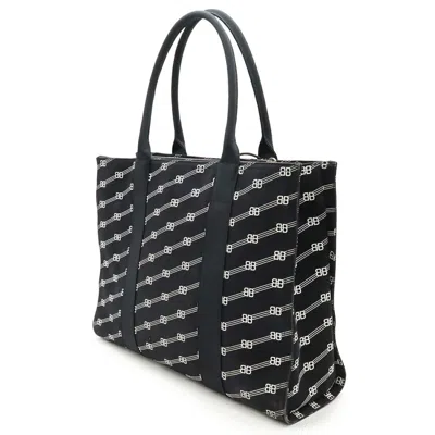 Pre-owned Balenciaga Black White Canvas Shoulder Bag Tote Bag () In Multi