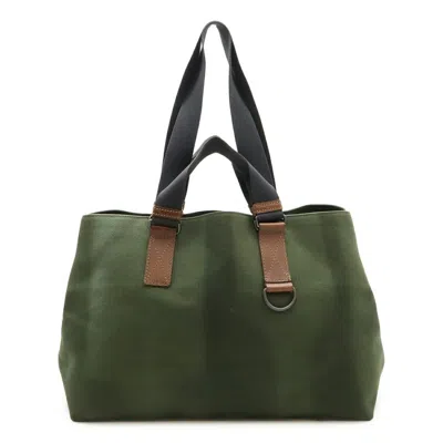Pre-owned Bottega Veneta Green Khaki Canvas Leather Shoulder Bag Tote Bag () In Multi