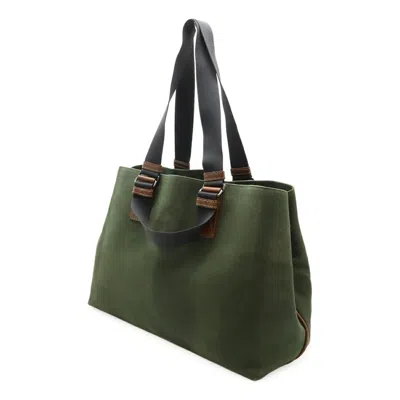 Pre-owned Bottega Veneta Green Khaki Canvas Leather Shoulder Bag Tote Bag () In Multi