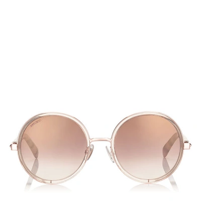 Shop Jimmy Choo Andie Shaded Mirror Gold Acetate Round Framed Sunglasses With Gold Silver Crystal Fabric Detailing A In Enh Brown Shaded Mirror Gold