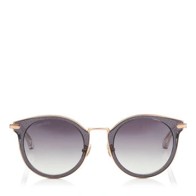 Shop Jimmy Choo Raffy Grey Glitter And Metal Round Framed Sunglasses In Dark Grey Shaded