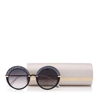 Shop Jimmy Choo Gotha Black Gold And Glitter Round Framed Sunglasses In E9o Dark Grey Shaded
