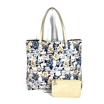 Pre-owned Chanel Camellia Blue Gold Leather Nylon Shoulder Bag Tote Bag ()