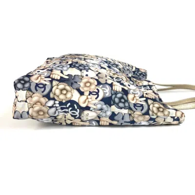Pre-owned Chanel Camellia Blue Gold Leather Nylon Shoulder Bag Tote Bag ()