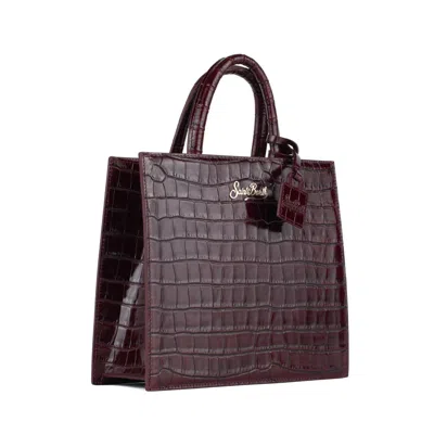 Mc2 Saint Barth Shop Bag Midi Handbag In Burgundy Coconut Print Leather In Red