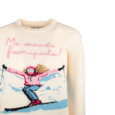 Mc2 Saint Barth New Queen White Cashmere Blend Sweater With Postcard Jacquard And Embroidery In Multi