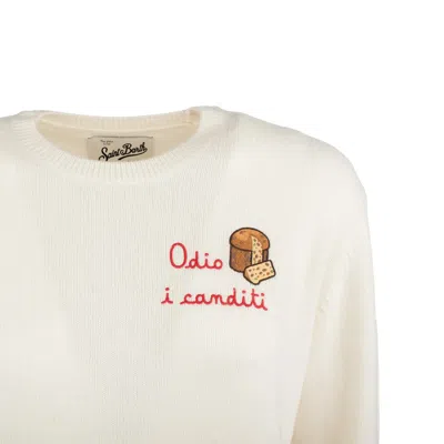 Mc2 Saint Barth New Queen Sweater In White Cashmere Blend With Embroidery I Hate Candied Fruit In Multi