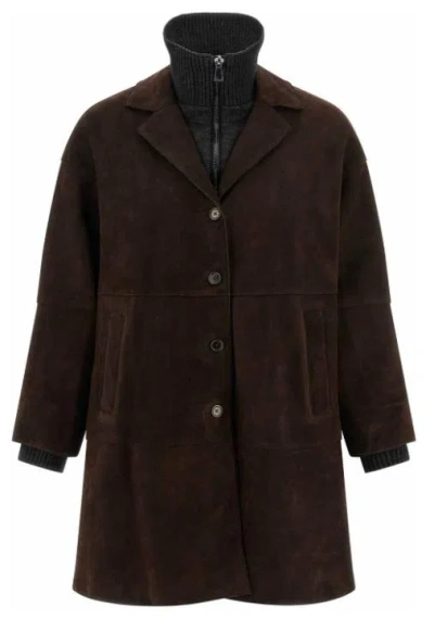 P.a.r.o.s.h Suede Coat With Knit Insert And Front Button Closure In Brown