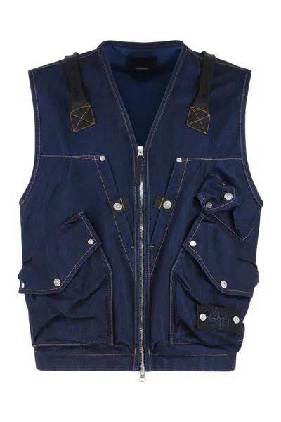 Stone Island Indigo Blue Zip Vest In Cotton Blend