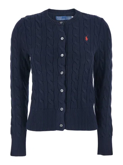 Polo Ralph Lauren Blue Cable Knit Crewneck Cardigan With Pony Embroidery On The Front In Cotton Woman In Blue