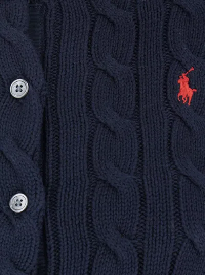 Polo Ralph Lauren Blue Cable Knit Crewneck Cardigan With Pony Embroidery On The Front In Cotton Woman In Blue
