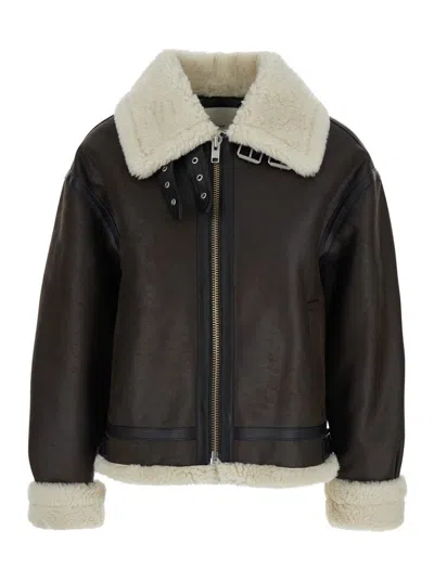 Dunst Brown Shearling Jacket With Belted Collar In Ecoleather And Ecofur Man In Brown