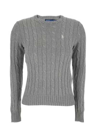Polo Ralph Lauren Grey Crewneck Sweater With Pony Embroidery On The Front In Cotton Woman In Gray