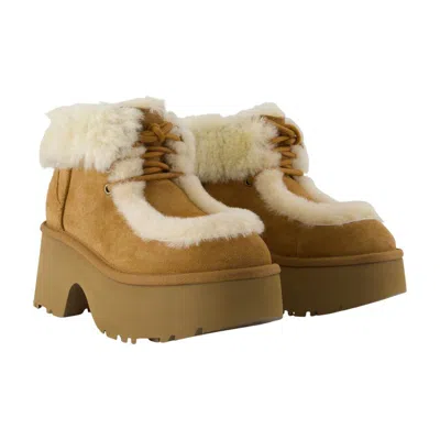 Ugg Esmee Beige Ankle Boots With Fur Detailing And Platform In Suede Woman In Animal Print