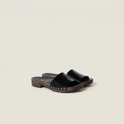Miu Miu Open-toe Black Patent Sandals With Decorative Studs In Black