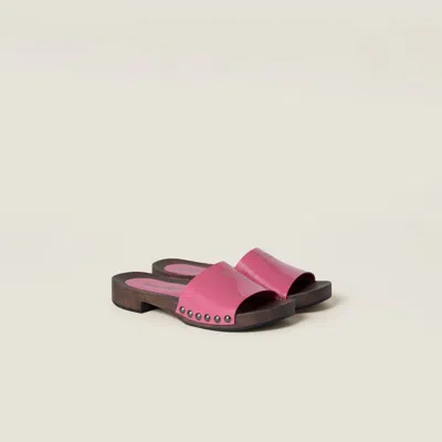 Miu Miu Leather Sandals With Wooden Clog In Pink