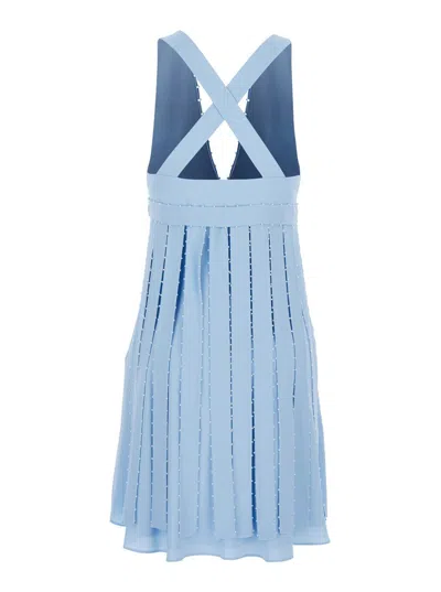 Giovanni Bedin Light Blue Sleeveless Midi Dress With V Neck And Pearl Embellishments In Silk Blend Woman In Blue