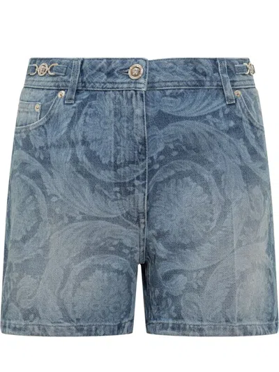 Versace Jeans Shorts With Baroque Pattern Silhouette In Blue