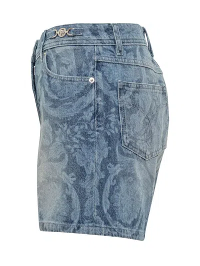 Versace Jeans Shorts With Baroque Pattern Silhouette In Blue