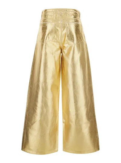 Ganni Gold Five Pockets Wide Jeans In Laminated Fabric Woman In Gold
