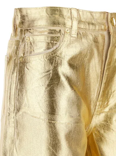 Ganni Gold Five Pockets Wide Jeans In Laminated Fabric Woman In Gold