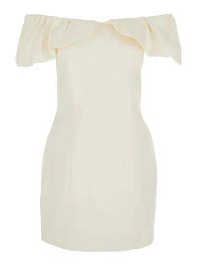 Rotate Birger Christensen White Off-shoulder Ruched Mini Dress In Tech Fabric Woman In Neutral