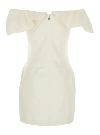 Rotate Birger Christensen White Off-shoulder Ruched Mini Dress In Tech Fabric Woman In Neutral