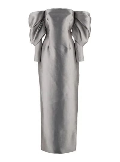 Solace London 'laylah' Grey Off-shoulder Long Dress With Rear Single Slit In Tech Fabric Woman In Silver