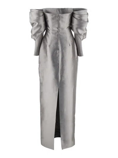 Solace London 'laylah' Grey Off-shoulder Long Dress With Rear Single Slit In Tech Fabric Woman In Silver