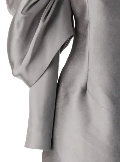 Solace London 'laylah' Grey Off-shoulder Long Dress With Rear Single Slit In Tech Fabric Woman In Silver