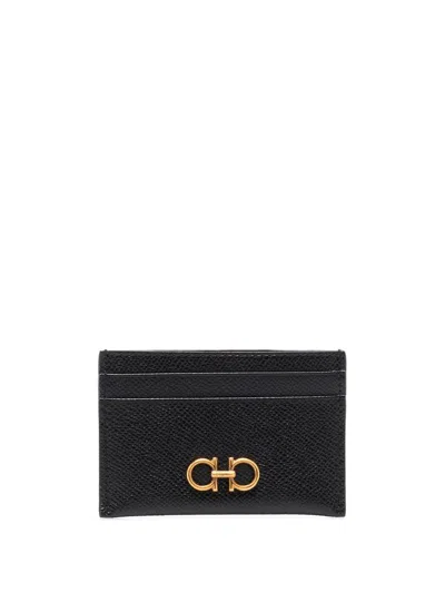 Ferragamo Black Card-holder With Gancini Detail In Hammered Leather Woman
