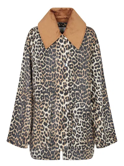 Ganni Leopard Printed Canvas Midi Puffer Jackets Brown In Brown