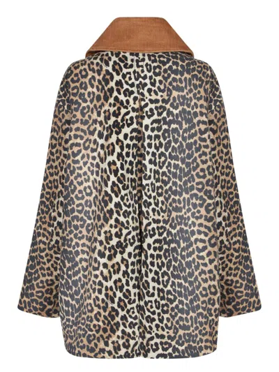 Ganni Leopard Printed Canvas Midi Puffer Jackets Brown In Brown