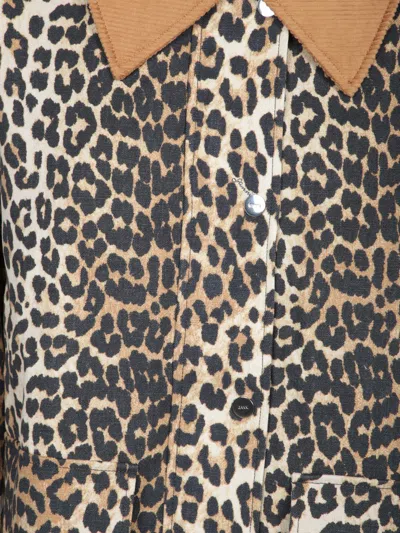 Ganni Leopard Printed Canvas Midi Puffer Jackets Brown In Brown