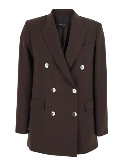 Plain Brown Double-breasted Jacket With Peak Revers In Wool Blend Woman In Brown