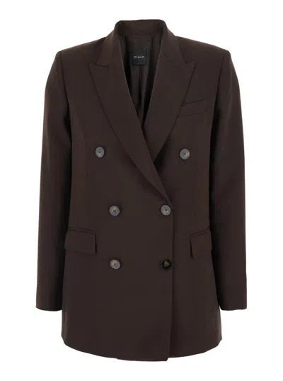 Plain Brown Double-breasted Jacket With Peak Revers In Wool Blend Woman In Brown