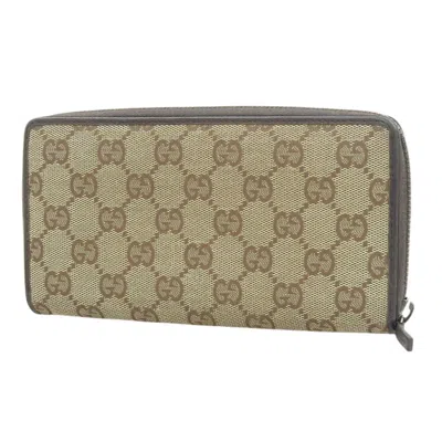 Pre-owned Gucci Beige Brown Canvas Leather Long Wallet (bi-fold) () In Multi