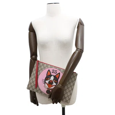 Pre-owned Gucci Beige Pink Pink Red Gg Supreme Suede Leather Clutch Bag ()